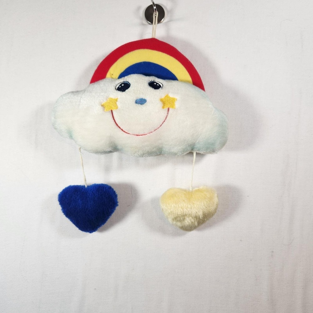 Vintage Plush Rainbow Cloud Wall Hanging Smiley Face Nursery Decor Hearts 10in